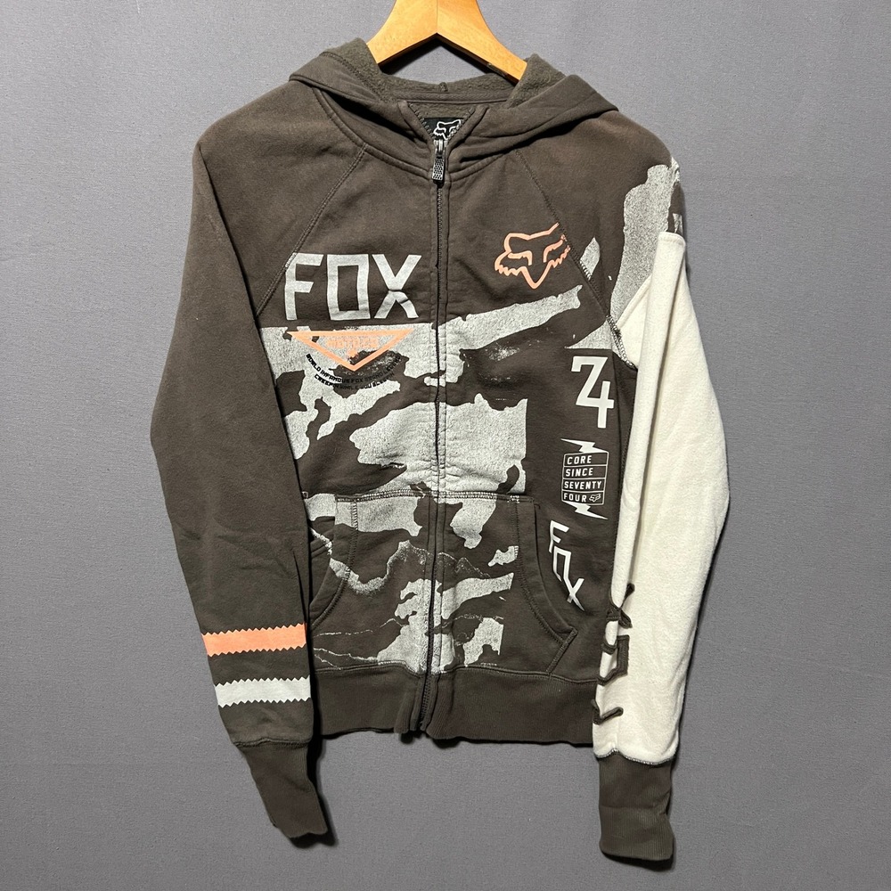 Fox Racing Mens Zip Up Hoodie Brown Camo Graphic Colorblock Sweatshirt XS
